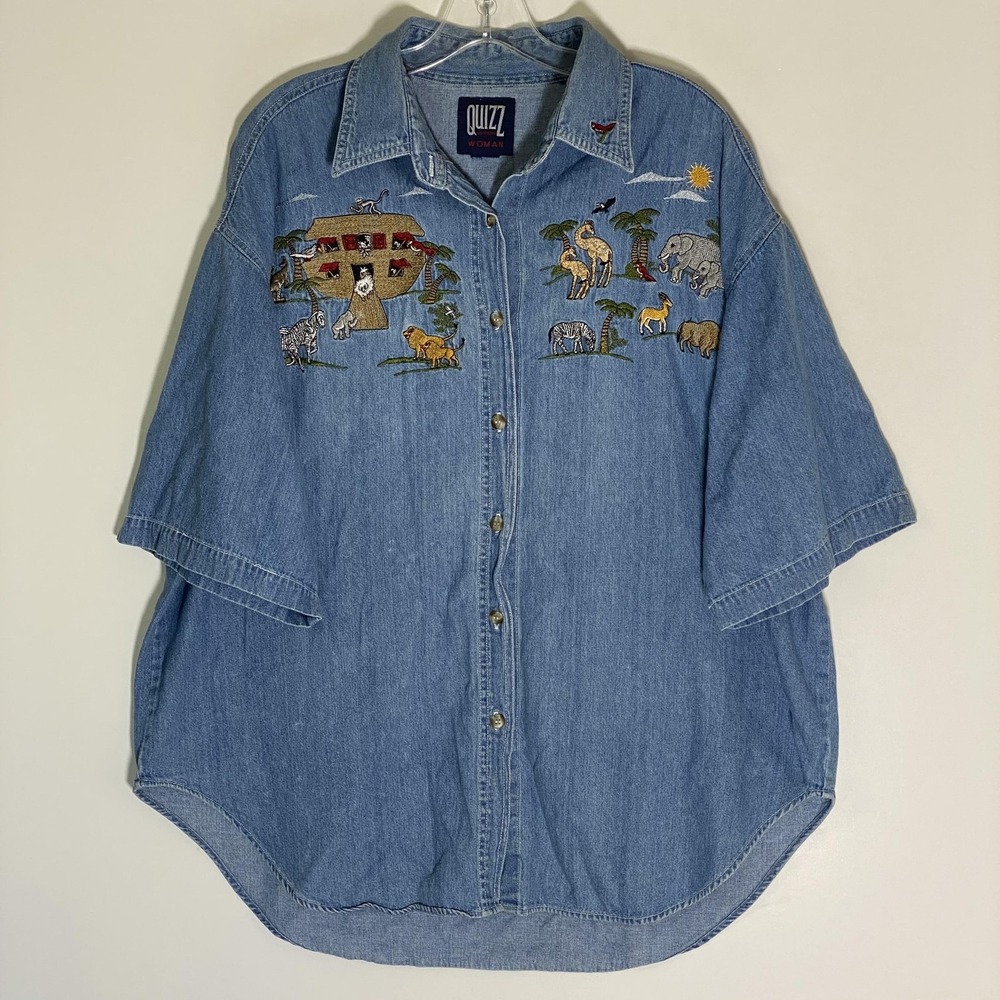 QUIZZ Top Womens 3X Denim Noah's Ark Embroidered Button Tunic Shirt Short Sleeve